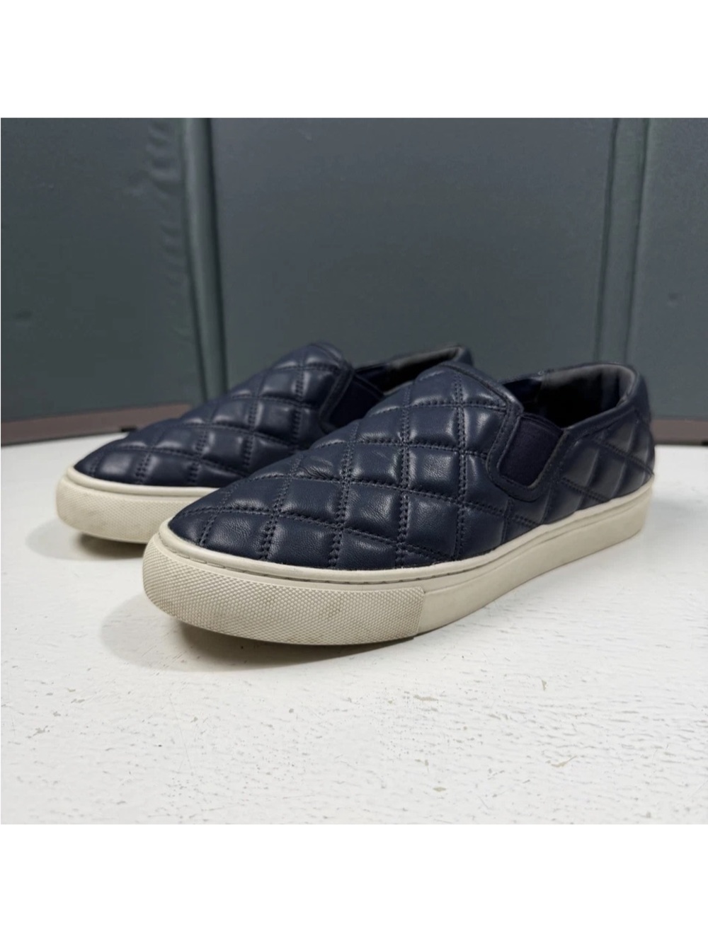 Tory Burch Jesse Quilted Slip-On Comfort Leather Shoes Blue Logo Women Size 8
